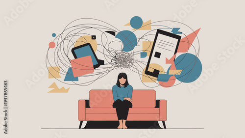 A woman sits on a couch surrounded by chaotic digital devices and abstract shapes