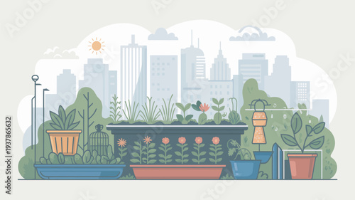 A vibrant illustration of a rooftop garden in a bustling city with lush greenery and colorful flowers