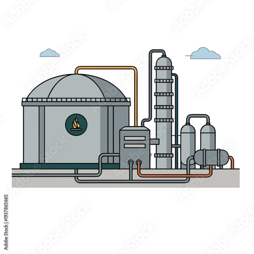 An industrial facility with a large dome-shaped building and smokestacks emits smoke in a cloudy sky with pipes and machinery