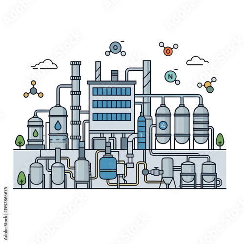 A large industrial factory with various machinery and pipes emits chemical symbols and smoke into the atmosphere.