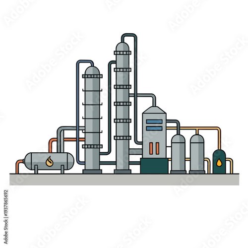 An industrial facility with pipes and machinery processes chemicals on a platform