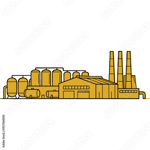 An industrial factory complex with smokestacks and warehouses operates in a city.