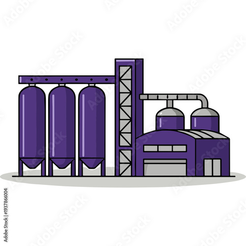 An industrial factory with large cylindrical tanks and a building