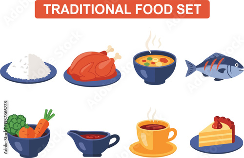 A food set illustration features plates of rice roasted chicken soup fish vegetables gravy coffee and cake