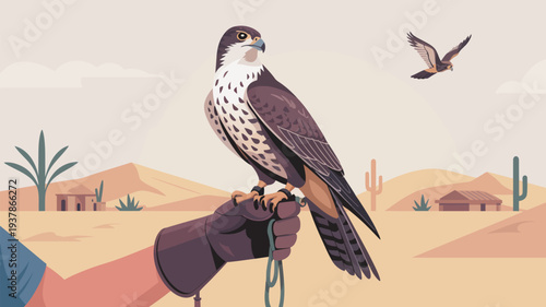 A person wearing a leather glove holds a majestic falcon in a desert landscape with sandy dunes and cacti.