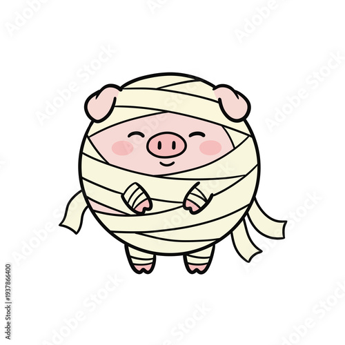 Obraz na płótnie Cute smiling mummy pig cartoon character wrapped in bandage halloween clipart is