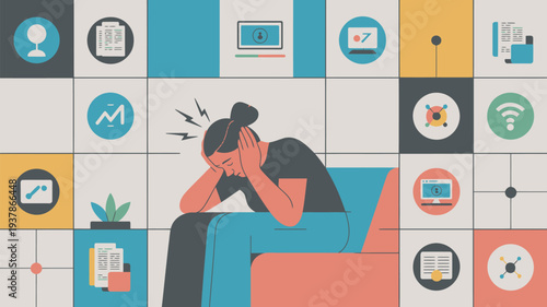 A stressed woman sits on a couch surrounded by various technology and work icons, looking overwhelmed and frustrated.