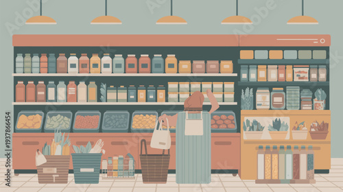A colorful illustration of a grocery store with various products on shelves and a checkout counter