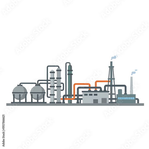 An industrial factory operates with various machinery and smokestacks emitting steam.