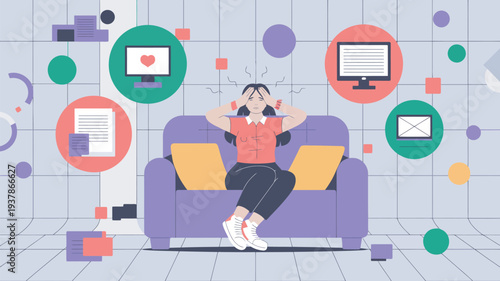 A stressed woman sitting on a purple couch with a laptop surrounded by colorful icons and symbols