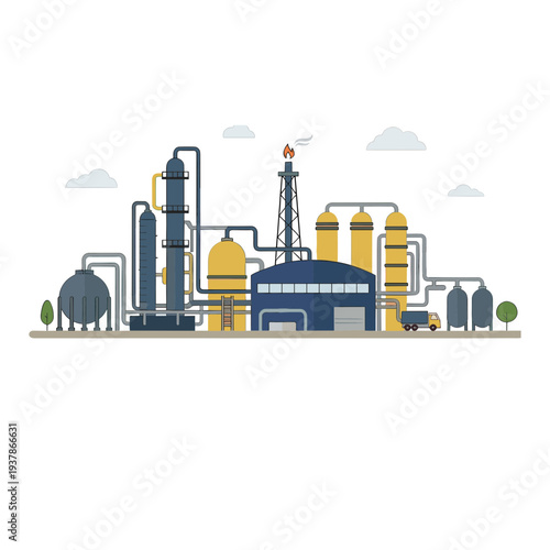 Industrial factory complex operates with smokestack and storage tanks nearby