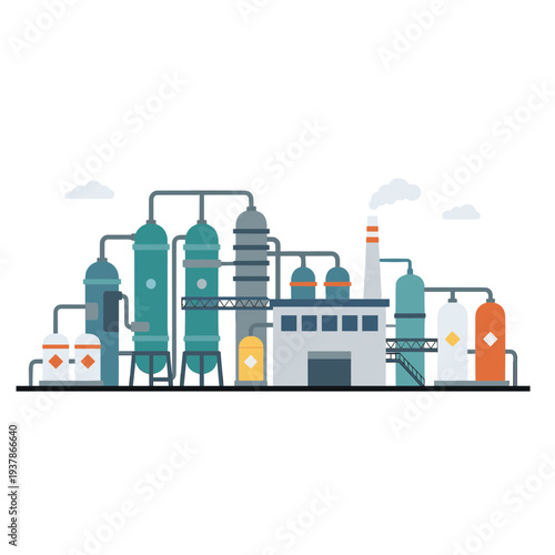 Industrial factory with large pipes and smokestacks operates outdoors