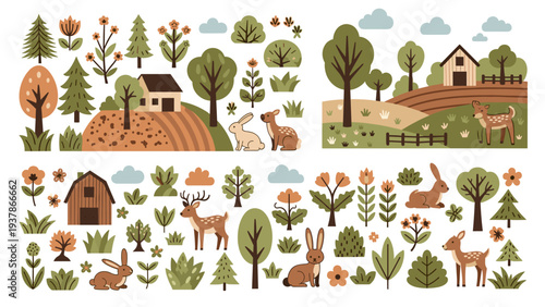 Cute Farm Animals & Nature Elements Vector Graphics for Rural Lifestyle & Country Decor