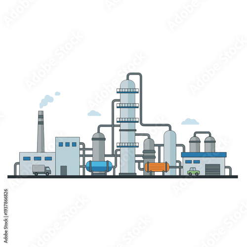 Industrial factory complex with smokestack emitting smoke and various machinery