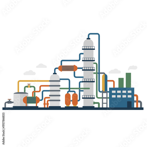 Industrial factory complex with various pipes and machinery operating