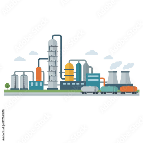 An industrial factory with smokestacks operates near a train on a sunny day.