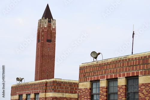 Jones Beach water tower and historic central mall building in winter on Long Island