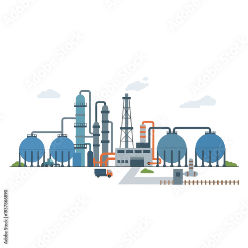 Industrial facility with smokestack emitting smoke near storage tanks and truck