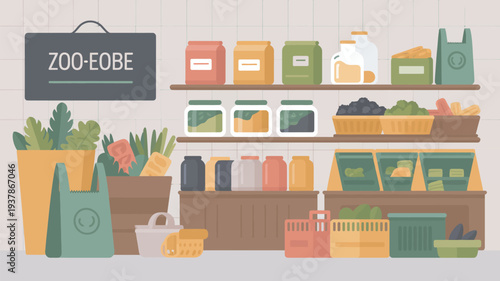 A colorful illustration of a grocery store with various products and shopping bags on display