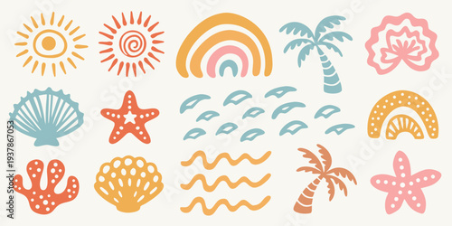 Boho summer icons suns rainbows shells and tropical plants