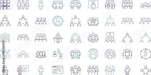 Collection of blue line icons depicting various group and people concepts