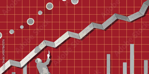 A gray domino line forms an upward trend on a red grid background