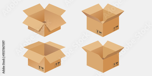 Isometric view of four open cardboard boxes in varying perspectives