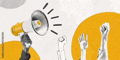 A yellow megaphone broadcasts a message of protest and solidarity