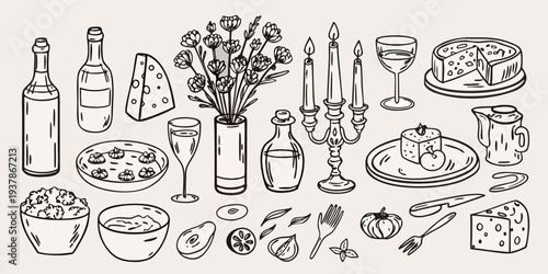A charming doodle illustration of a festive picnic or celebratory spread