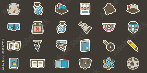Colorful icons representing various school subjects and learning tools