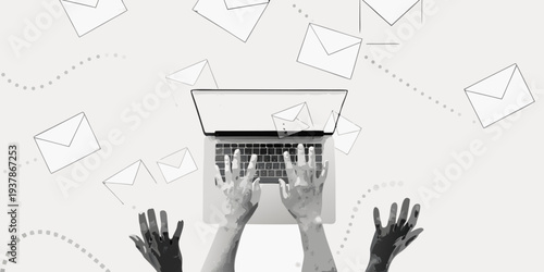 Hands typing on a laptop with floating email icons above