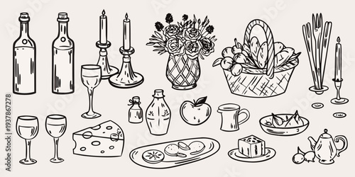 A charming black and white sketch of a picnic still life arrangement