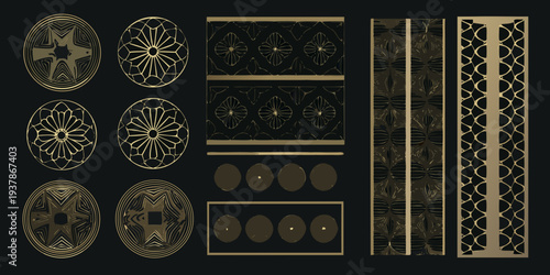 Geometric golden patterns and floral designs arranged on a dark background