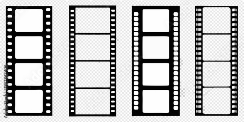Four strips of black and white film with varying frame counts