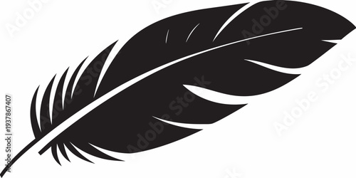 A simple black silhouette of a single feather on a white background
