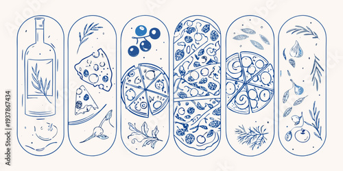 Six skateboard deck designs featuring illustrations of food and botanicals