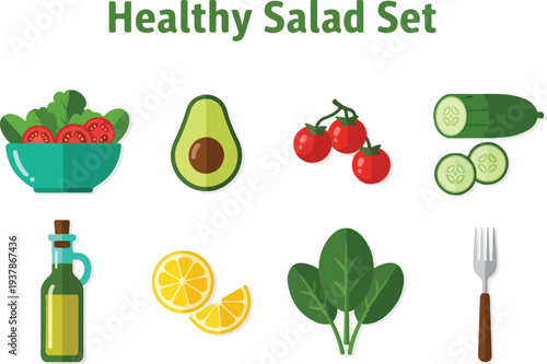 A Healthy Salad Set graphic with bowl of salad avocado tomatoes cucumber oil bottle lemon spinach  fork