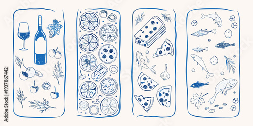 Hand drawn illustrations of food and drink arranged in rectangular frames