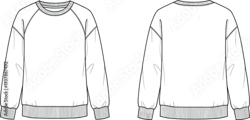 Crew Neck Oversized Sweatshirt Vector Template Front and Back View Blank Raglan Sleeve Fashion Technical Sketch Flat Sketch for Men Women