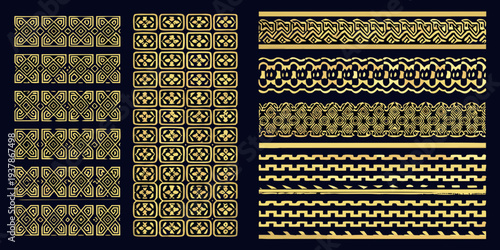 Golden geometric patterns and borders arranged in a grid layout