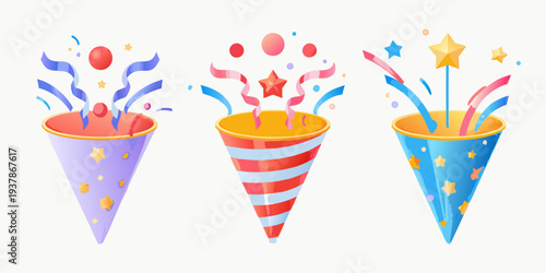 Colorful party poppers with confetti and stars in a festive arrangement