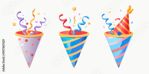 Colorful party poppers with confetti and streamers celebrating a festive occasion