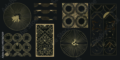 Geometric patterns and floral designs arranged in a dark grid like composition