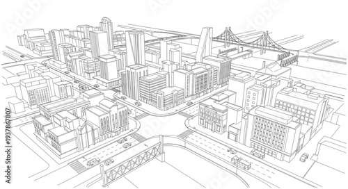 Cityscape Sketch with Buildings and Roads.