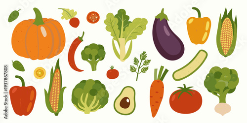 A colorful assortment of fresh vegetables and fruits in a flat design