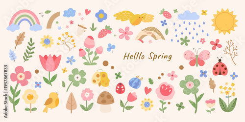 A colorful spring illustration featuring flowers birds and sunshine