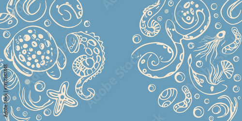 Stylized illustration of marine life with turtles shrimp and starfish