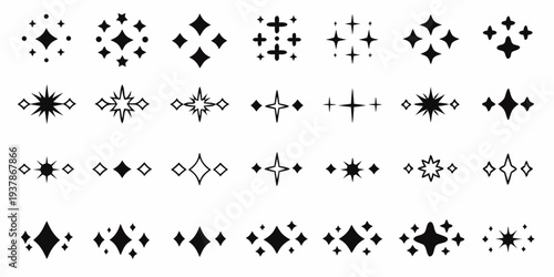 Assorted black star and sparkle shapes arranged in neat rows