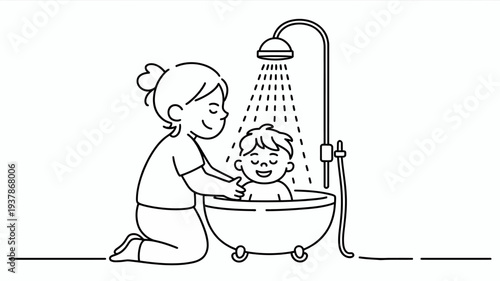 A mother gently washes her happy child in a bathtub under warm shower water
