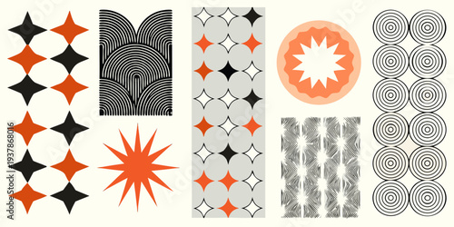 Abstract geometric patterns in orange black and gray tones displayed vertically